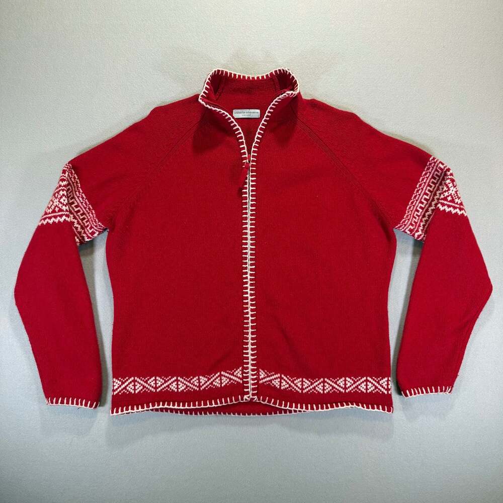 Vintage 90s Valerie Stevens Sweater Jacket Womens L Red Fair Isle Full Zip Mock